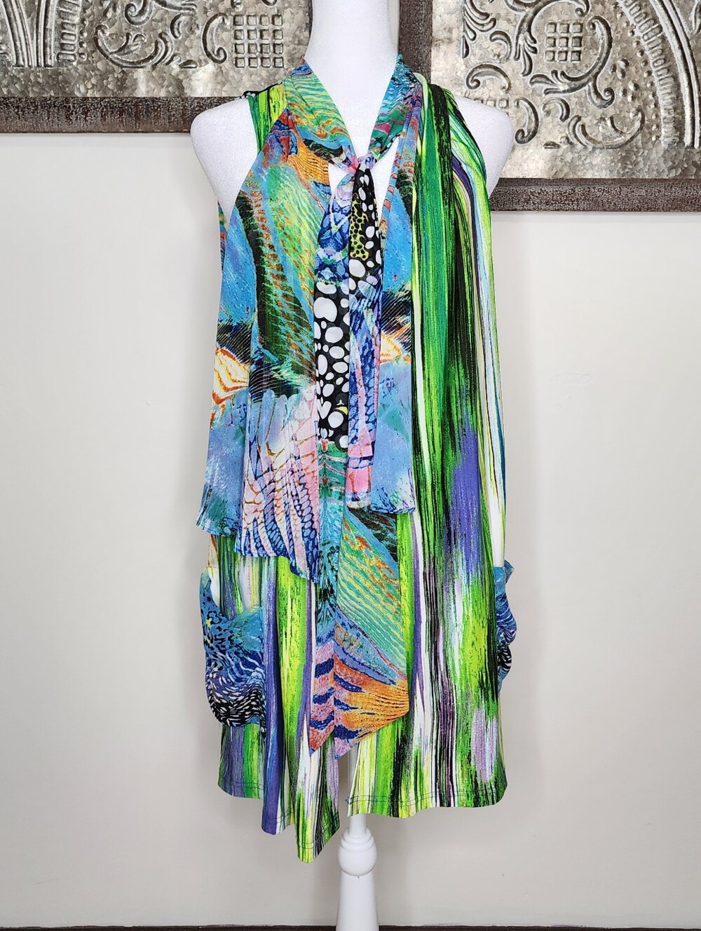 Elysee 26 Vibrant Multi-Color Sleeveless Tie Neck Flowy Tunic Vest Medium Artsy